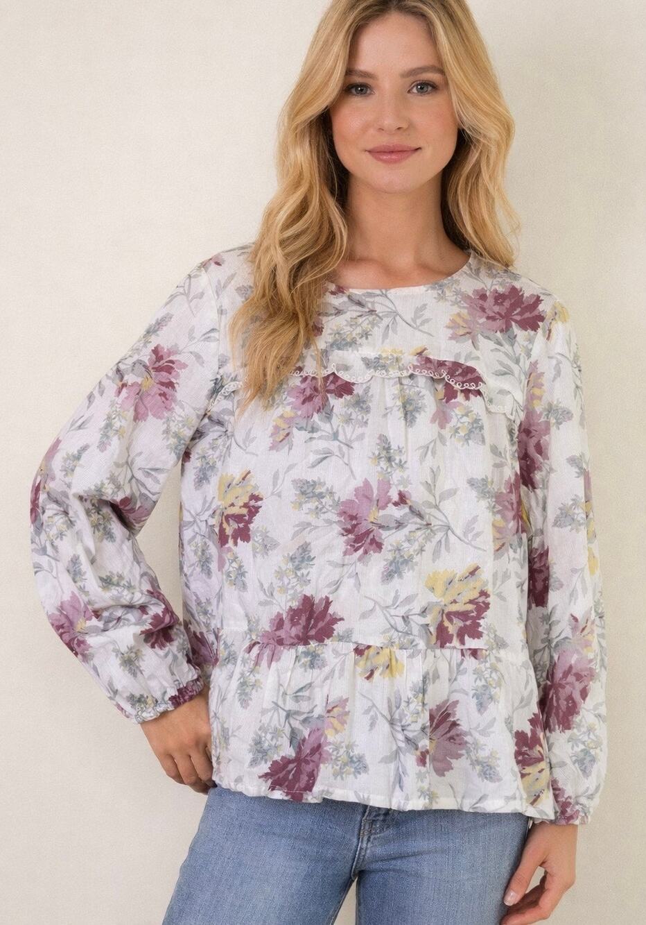 Lucky Brand Floral Peplum Blouse XL Boho Cottagecore Long Sleeve